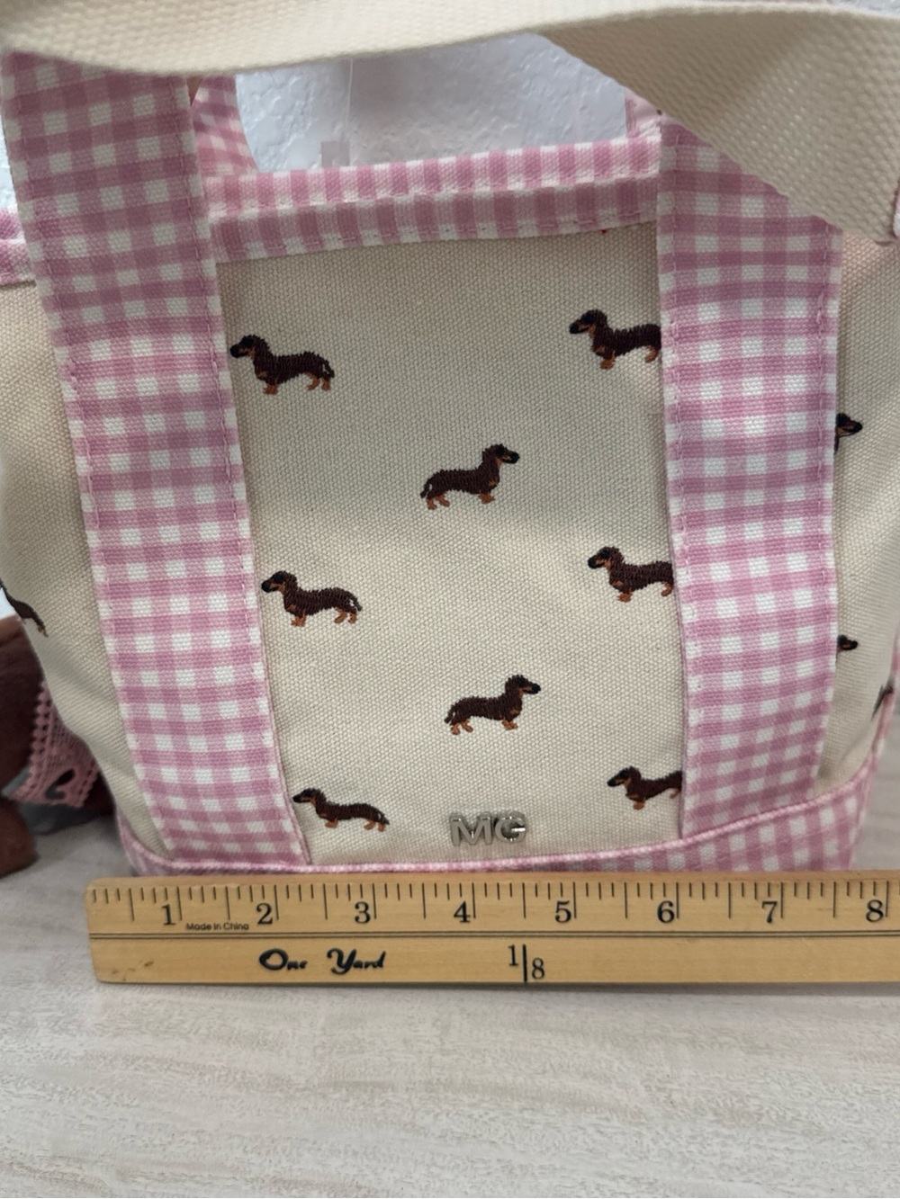 Madden Girl Dachshund Doxie Dog Pink Gingham Vidal Tote Bag CharmS NWT - Picture 13 of 14